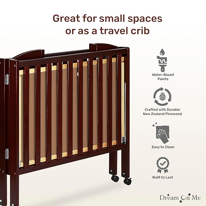 Dream On Me 3-in-1 Portable Folding Stationary Side Mini Baby Crib in Espresso & Mattress, GreenGuard Gold & JPMA, Use as Changer & Playpen, Locking Wheels, 3 Mattress Heights, Extra Firm Mattress