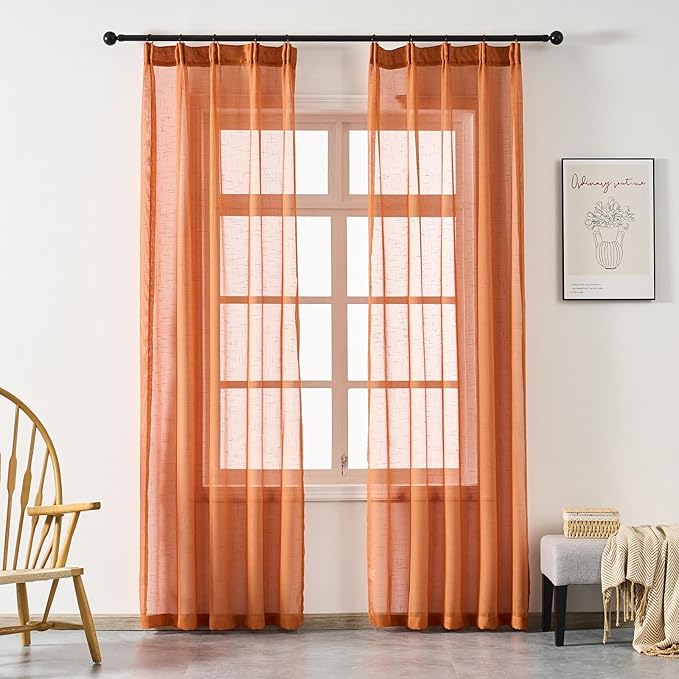 Burnt Orange Curtains Sheer 90 Inches Long, Rustic Linen Look Textured Light Filtering Drapes Decor, Western Boho Transparent Window Treatments, Pinch Pleat Curtain with Hooks