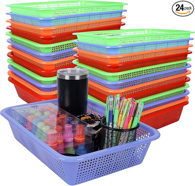 Kolewo4ever 24 Pack Classroom Storage Baskets Pencil Organizer Bins 13.5 x 10 x 3 Inch Paper Trays Basket Plastic Book Basket for Classroom Library Organizer