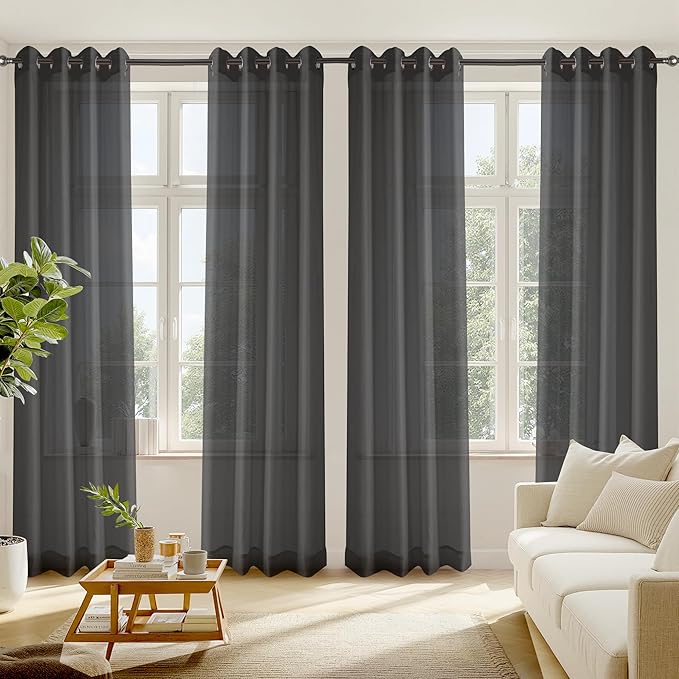 RYB HOME Light Filtering Curtains 84 Inches Long for Living Room, Lightweight Voile Airy Drapes Sheer Window Treatments Grommet Curtains for Kitchen Bedroom, Black, 54" W x 84" L, 4 Pieces
