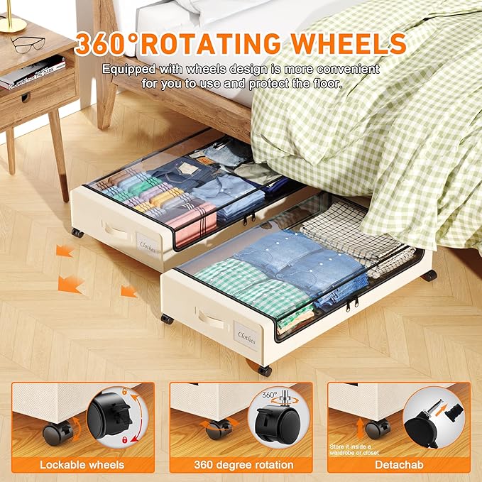 Under Bed Storage with Wheels, 2-Pack Under Bed Storage Containers with Clear Lids, XXL 60L Under the bed storage Organizer Bins, Rolling Under Bed Metal Drawer for Clothes,Shoes,Toys (White, 2 Pack)