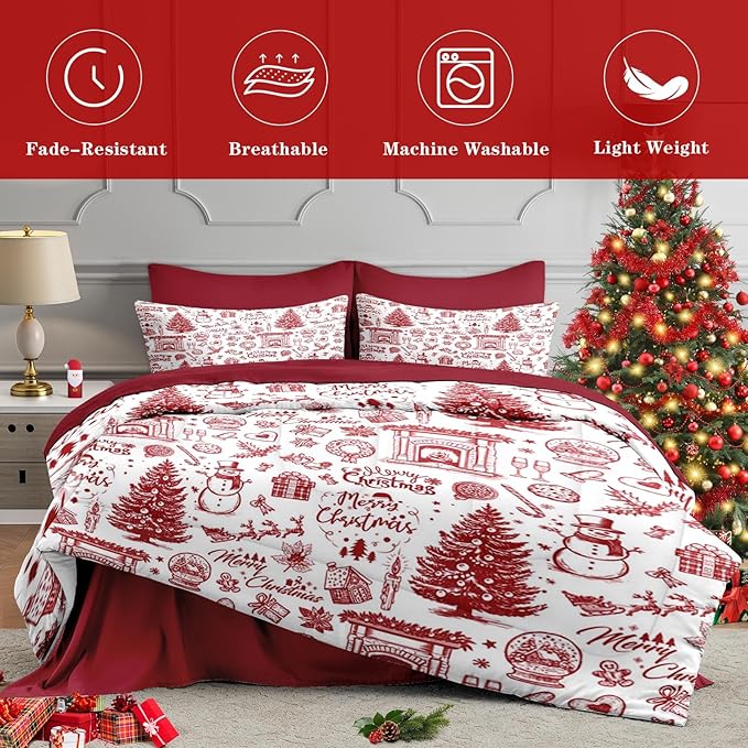 7 Pcs Queen Size Christmas Comforter Set with 2 Pillowcases & 2 Shams, Happy Xmas Red Pine Tree Bedding for Kids and Adults, Merry Winter Bed in a Bag with Flat Fitted Sheet