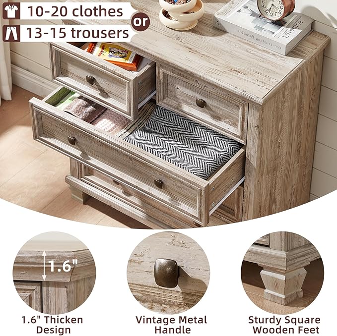 Farmhouse Bedroom Dresser and Nightstand Set of 4, 6 Drawer Tall & 5 Drawers Dresser & 2 Drawer Nightstand Set, Rustic Wood Furniture Set for Bedroom, Hallway, Grey