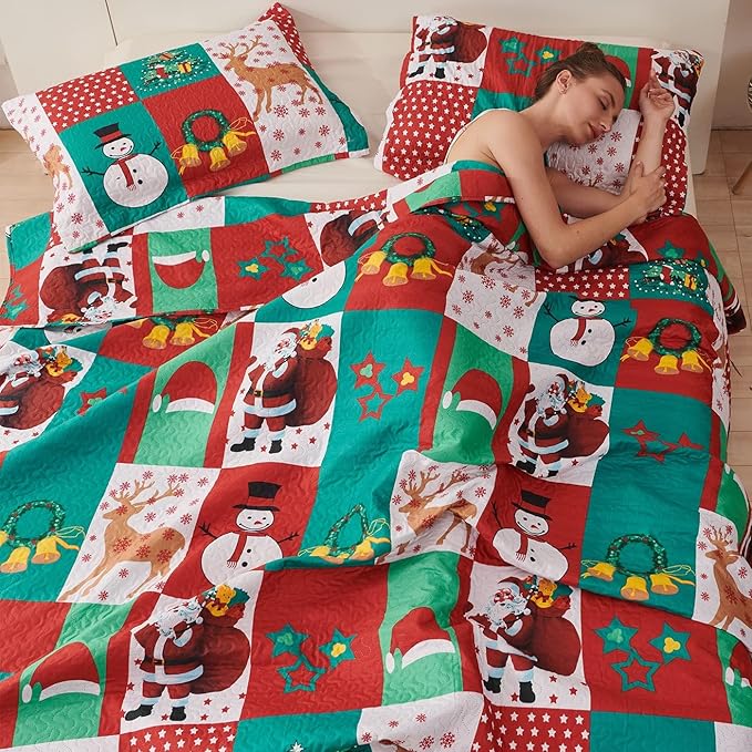 Christmas Bedding Set Queen Size Christmas Quilt Bedspread Holiday Xmas Bedding Plaid Patchwork Rustic Lodge Cabin Snowman Santa Claus Festival Decor Lightweight Reversible Bedspread Coverlet Red