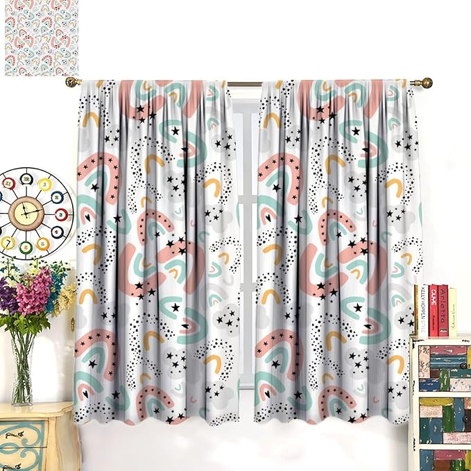 Boho Rainbow Curtains for Kids Nursery Colorful Floral Sun Star Clouds Pastel Bohemian Pattern Print Window Drapes for Girl Bedroom Living Room Kitchen Decor,2 Panel Set,72Wx63H Inch Blackout