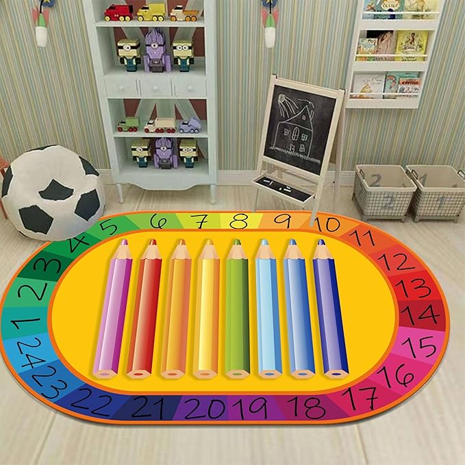 Colorful Kids Oval Rug, 4x5ft, Early Learning Education Play Mat for Learning Numbers, Soft Non-Slip Pens Design Rugs for Boys Girls Room Playroom Classroom Nursery Room