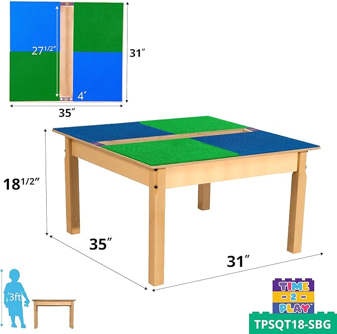 Contender Time-2-Play 35" Square Blue and Green Birch Plywood Montessori School Activity Compatible with Duplo Table with Trough for Kids with 18" Long Wood Legs