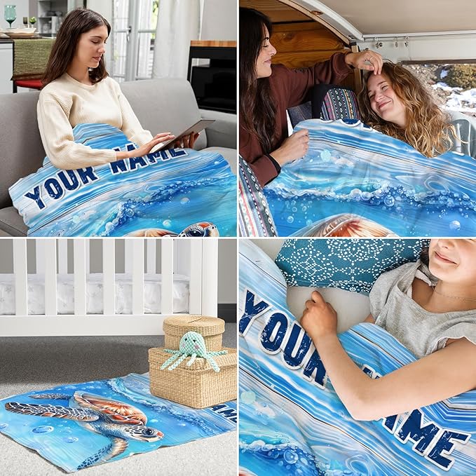Personalized Blanket Gift for Girls - 50" x 60" Inches Turtle Plush Blanket Gifts for Kids - Blue Lightweight Cozy Throws for Couch, Bed & Travel