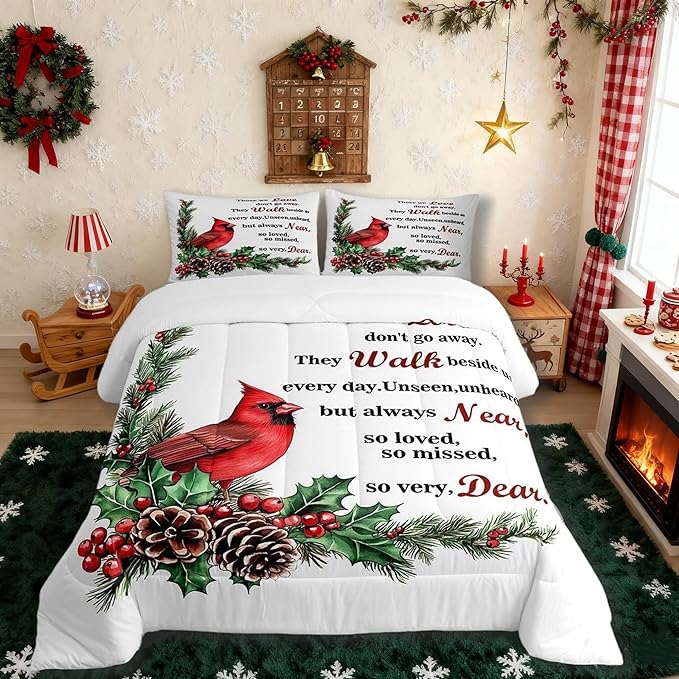 Red Cardinal Kid Comforter Set Queen Size,Christmas Bird Holly Pinecone Bedding Set,Girl Boy Room Decor,Poinsettia Animal Quilt Comforter,White Red Green Duvet Set Bedroom Quilt Set,2 Pillowcases