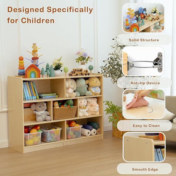 Montessori Shelf 7-Section Toy Storage Shelf 30in Birch Wood Kids Bookshelf Classroom Storage Shelves Low Bookcase Book Shelf for Kids Room Nursery Playroom Daycare Preschool, Natural