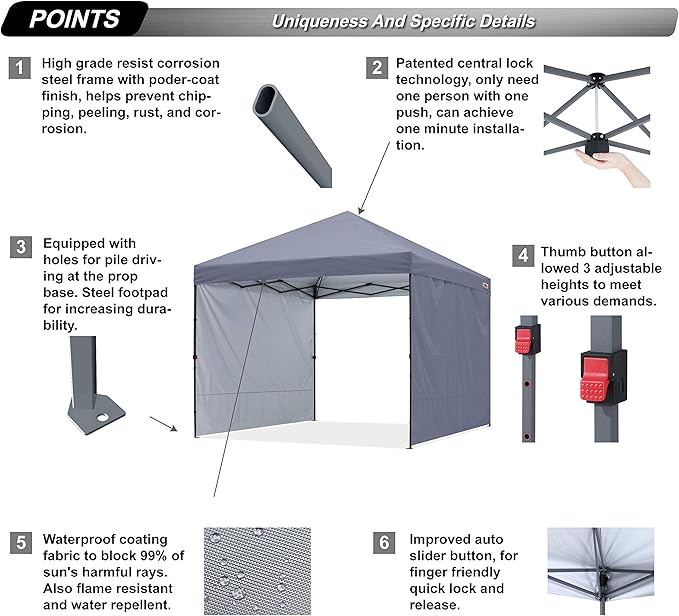 ABCCANOPY Easy Pop up Canopy Tent with 2 Sidewalls for Outdoor Sun Blocking or Rain Protection,10x10, Gray