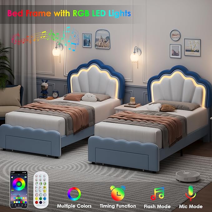 HOSTACK Twin Upholstered LED Bed Frame with Storage Drawers, Cute Boys Bed with Adjustable Lotus Headboard, Faux Leather Platform Bed Frame, Wooden Slats Support, No Box Spring Needed, Blue/White