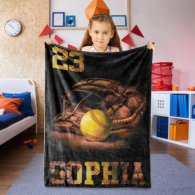 Custom Baseball Blanket for Baby Kids - Personalized Name and Number - Soft Warm and Fluffy Flannel Fabric Gift for Sports Lovers 30x40inch