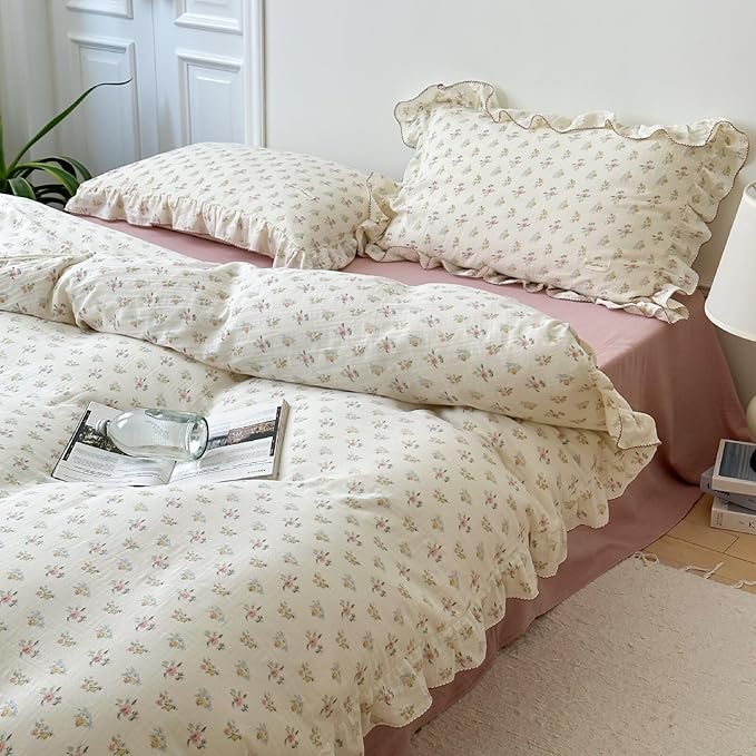 BuLuTu Cotton Muslin Duvet Cover Queen, Chic Shabby Azalea Floral Comforter Cover with Ruffles, Soft Breathable Gauze Quilt Covers for Kids Teens,90"x90", Zipper Closure, No Pillow