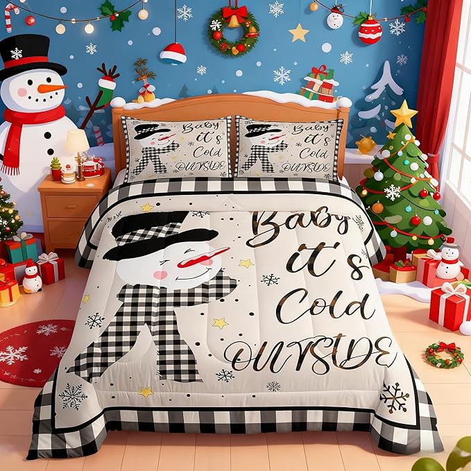 Kids Christmas Snowman Comforter Set Queen Size,Snowflake Winter Bedding,Girls Boys Adults Bedroom/Xmas Cabin Decor,Geometric Grids Lattice Down Comforter,Rustic Vintage Duvet Insert,2 Pillowcases