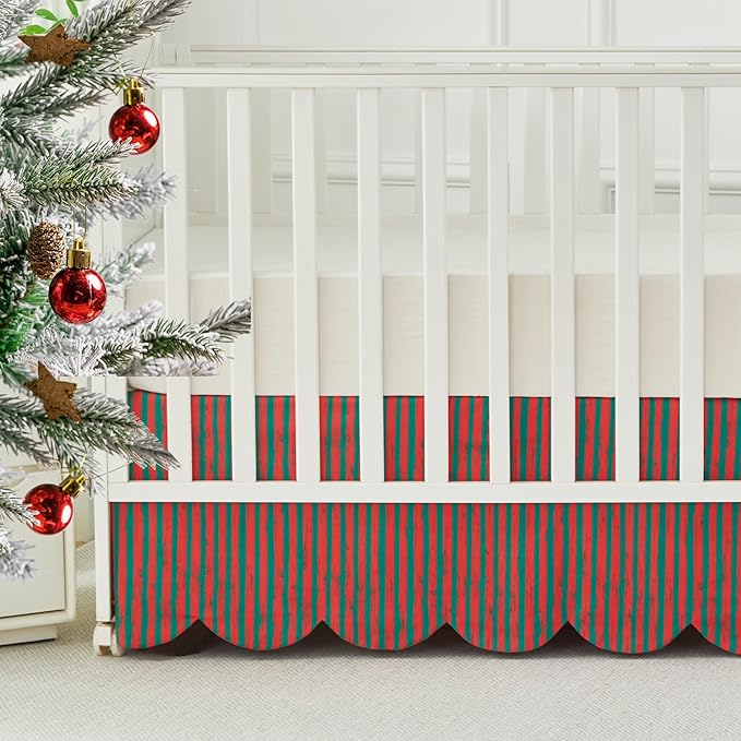 Brandream Scallop Edge Cotton Crib Skirt Toddler Bedskirt Boho Farmhouse Baby Nursery Bedding Neutral Solid Color with Red Green Stripes Christmas Holiday Chic