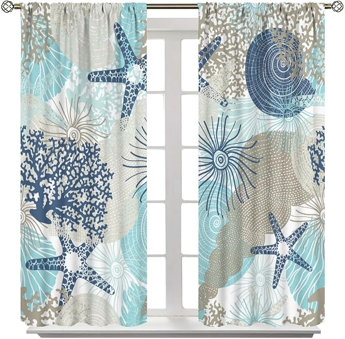 Shell Blackout Curtains Beach Shells Marine Life Water Grass Pattern Printed Curtains Suitable for Living Room Bedroom Privacy Curtains 52x84 Inches