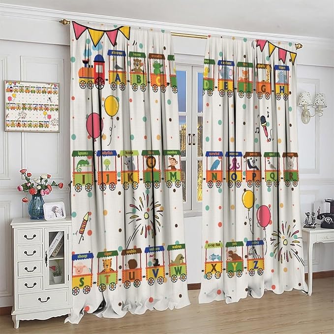 Alphabet Train Kids Curtain Animals Alphabet Children Teens Early Learning Printed Rod Pocket Blackout Window Treatments for Classroom Bedroom Nursery Playroom 63" W X 72" L