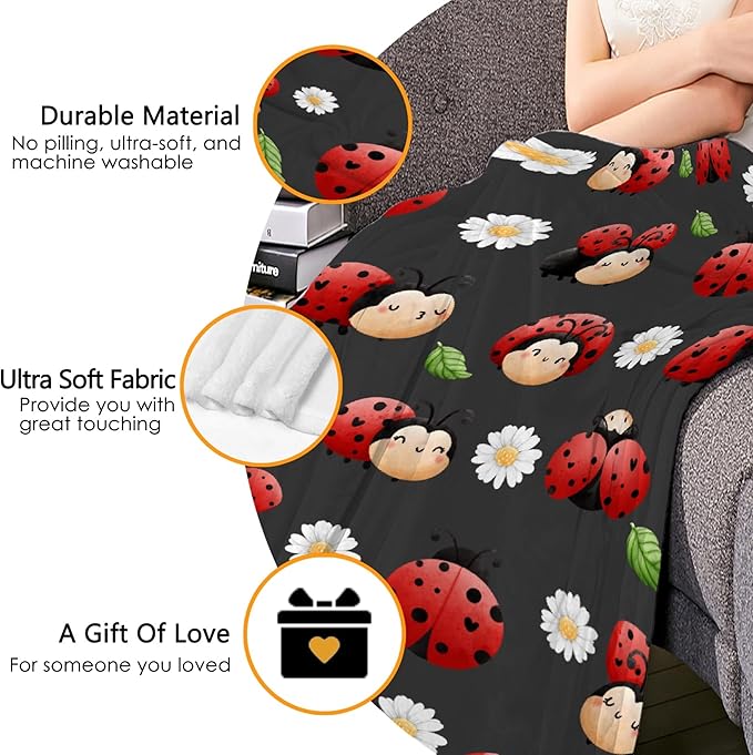 Thuswarm Cute Watercolor Ladybugs Grey Flannel Throw Blanket Warm Cozy Soft Funny Print Blankets for Bed Couch Sofa Room Decoration Gifts 80”×60” Large for Adult