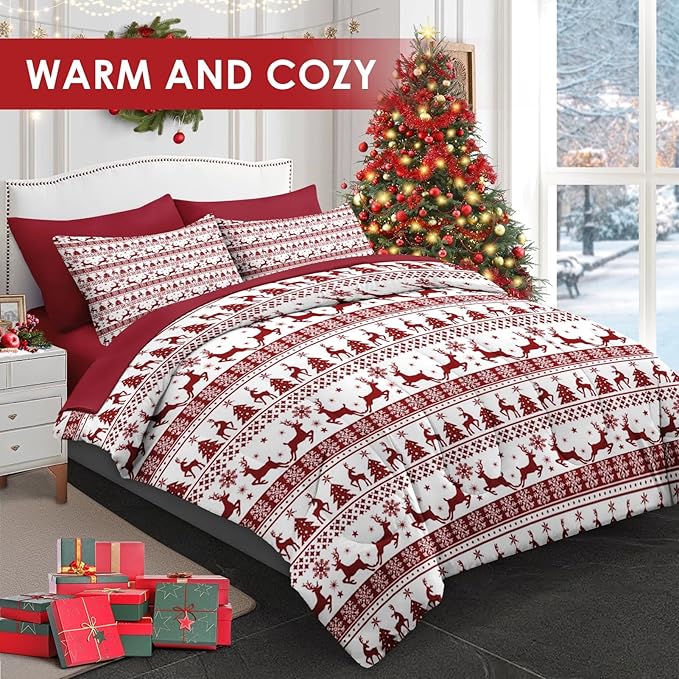 7 Pcs Full Size Christmas Comforter Set with 2 Pillowcases & 2 Shams, Red Winter Funny Reindeer Bedding for Kids and Adults, Pine Tree Snowflake Bed in a Bag with Flat Fitted Sheet