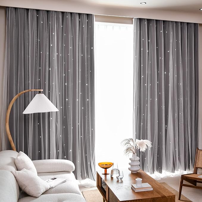 Kinryb Kids Blackout Curtains for Bedroom/Living Room/Classroom, Sheer Overlay 2 Free Tiebacks, Double Layer Curtains with Star Cutout for Kids Room(Each Piece W 70 x L 95 Inches 2 Pcs Chocolate)