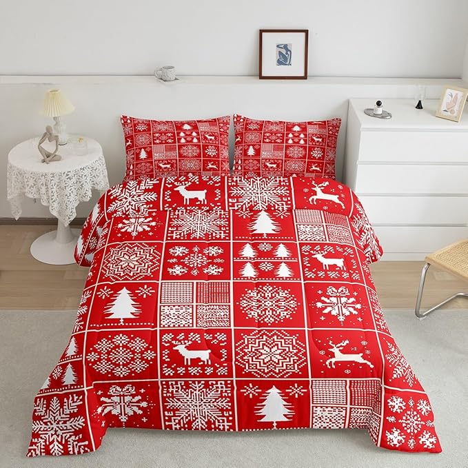 Kids Merry Christmas Comforter Set Queen Size,Deer Snowflake Pines Silhouette Bedding,Girls Boys Adults Bedroom/Xmas Cabin Decor,Geometric Lattice Down Comforter,Red Bright Duvet Insert,2 Pillowcases