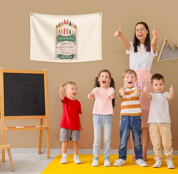 Kids Painting Training Rectangular Canvas Banner Flag Sign Poster Wall Decor Gift for Boys Girls,Practice Drawing Room Essential Gallery Nursery Classroom Playroom Wall Decor-Crayons Box Theme