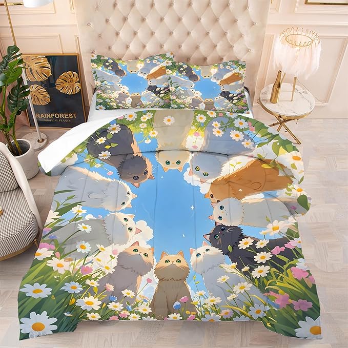 Floral Cat Bedding Set: King Size Cute Cats Comforter Set Daisy Kitten Blue Sky Quilt Kawaii Feline Flowers Animal Bed Set for Women Adults Teens Girls Room Decor 3 Piece