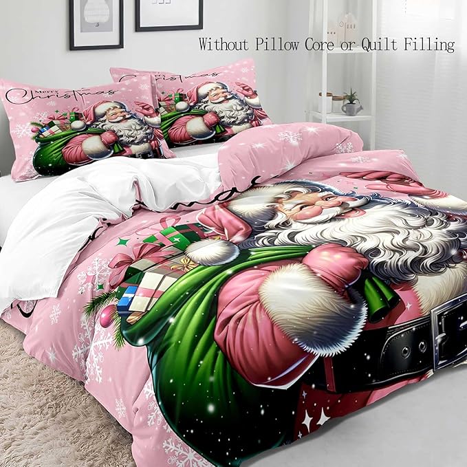 LUVIVIHOME 3PCS Pink Santa Claus Duvet Cover Queen, Christmas Bedding Sets, Pink Duvet Cover, Kids Girls Bedding, Snowflake Holiday Xmas Gifts Christmas Comforter Bedspread Quilt Cover, 2 Pillow Shams