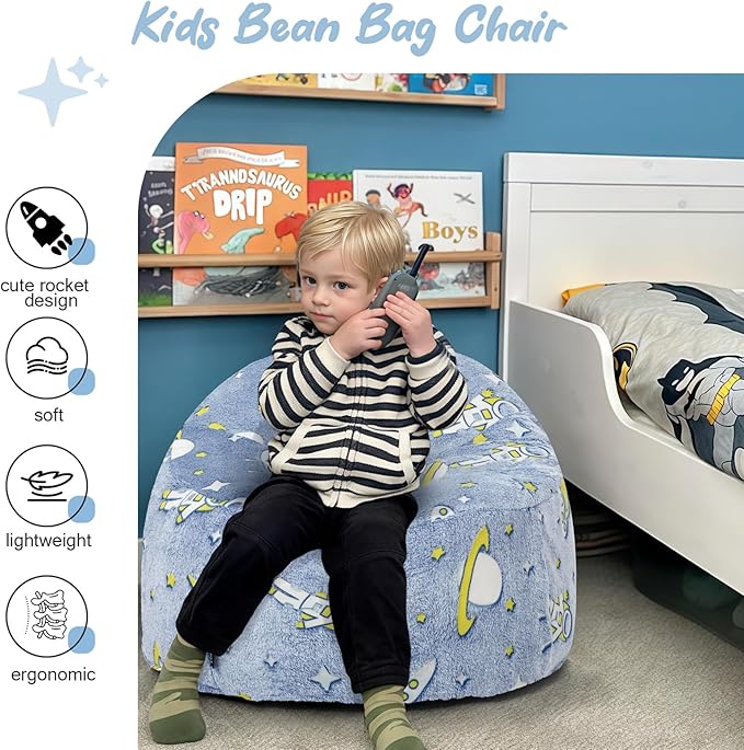 COMAX Bean Bag Chairs for Kids, Toddler BeanBag Sofa with Filler Bean Couch Stuffed for Boys and Girls, Lazy Floor Chair for Playroom, Nursery Room, Blue Space