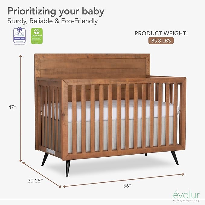 Evolur Stilnovo Mid Century 4-in-1 Convertible Crib in Sugarcane, Greenguard Gold Certified, 3 Mattress Height Settings, Modern Nursery, Wooden Furniture