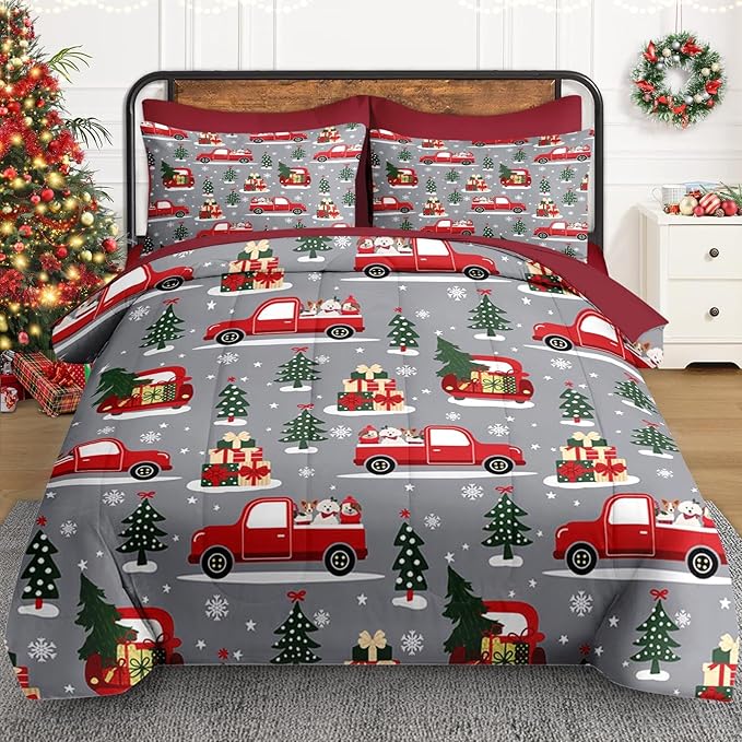 7 Pcs Full Size Christmas Comforter Set with 2 Pillowcases & 2 Shams, Red Cartoon Truck Bedding for Kids and Adults, Merry Winter Pine Tree Bed in a Bag with Flat Fitted Sheet