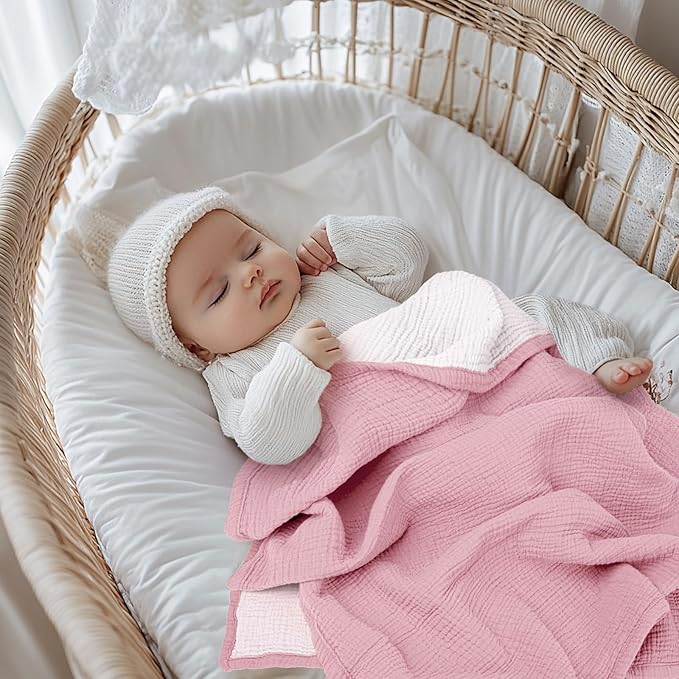 lulumoon Muslin Baby Blanket for Newborns: Lightweight Cotton Crib Blanket Neutral - Soft Lightweight for Stroller & Daycare 36"x40"(Pink)