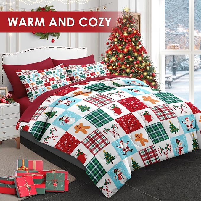 7 Pcs Full Size Christmas Comforter Set with 2 Pillowcases & 2 Shams, Colorful Plaid Snowman Bedding for Kids and Adults, Cute Gingerbread Man Bed in a Bag with Flat Fitted Sheet