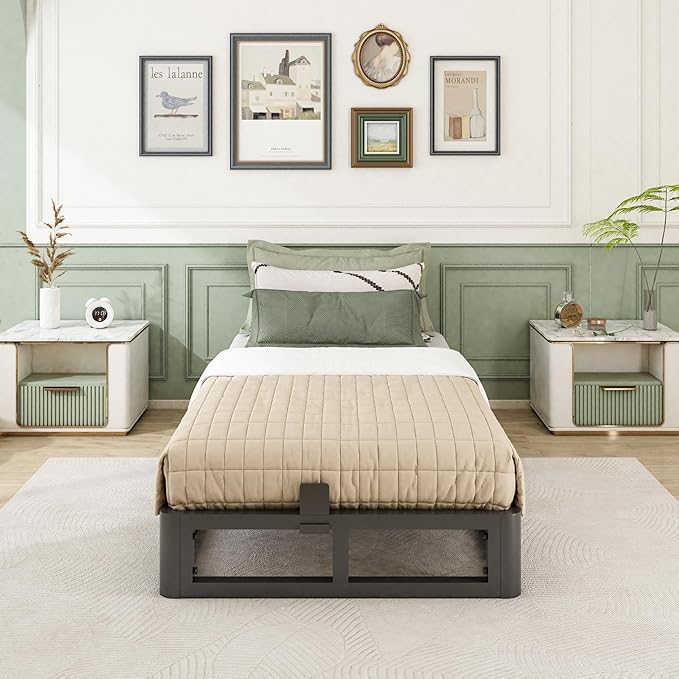 6 Inch Twin Bed Frame with Round Corner Edges, Low Profile Twin Metal Platform Bed Frame with Steel Slat Support, No Box Spring Needed/Easy Assembly/Noise Free Mattress Foundation