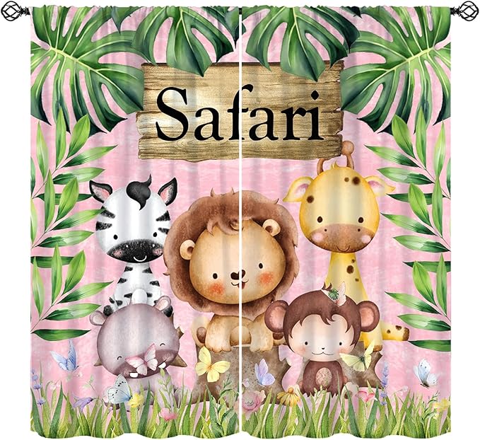 Kids Safari Animals Curtains, Cartoon Wildlife Tropical Leaf Pink Window Treatments, Rod Pocket Thermal Insulated Drapes 2 Panel Sets for Bedroom Nursery Classroom, 42" W X 45" L