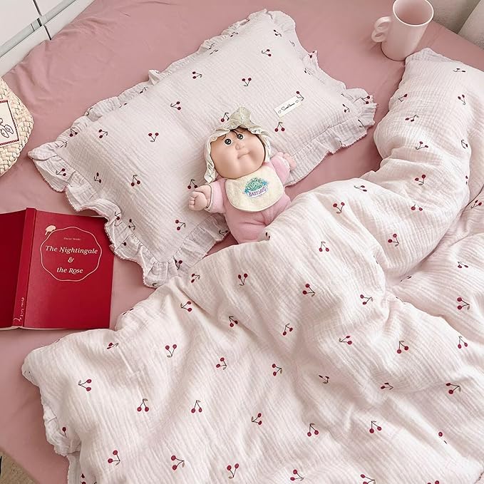 BuLuTu Crib Bedding Duvet Cover for Boys Girls Cotton Muslin Baby Crib Duvet Cover Nursery Bed Decoration Gift, 47"x59", Cherry Print (No Pillowcases)