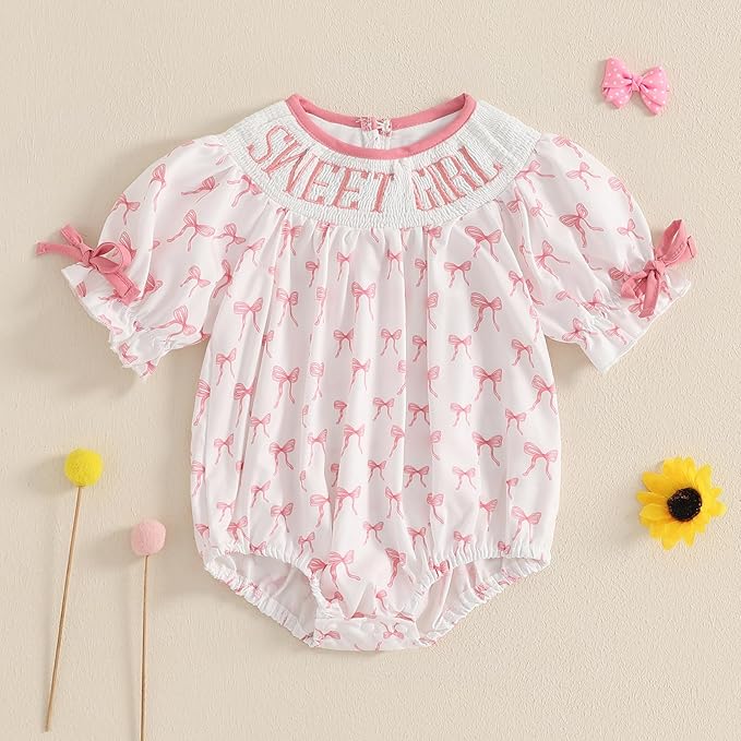 Newborn Baby Girl Romper Mamas Mini Bow Plaid Print Puff Sleeve Smocked Bubble Romper Jumpsuit Bodysuit Clothes