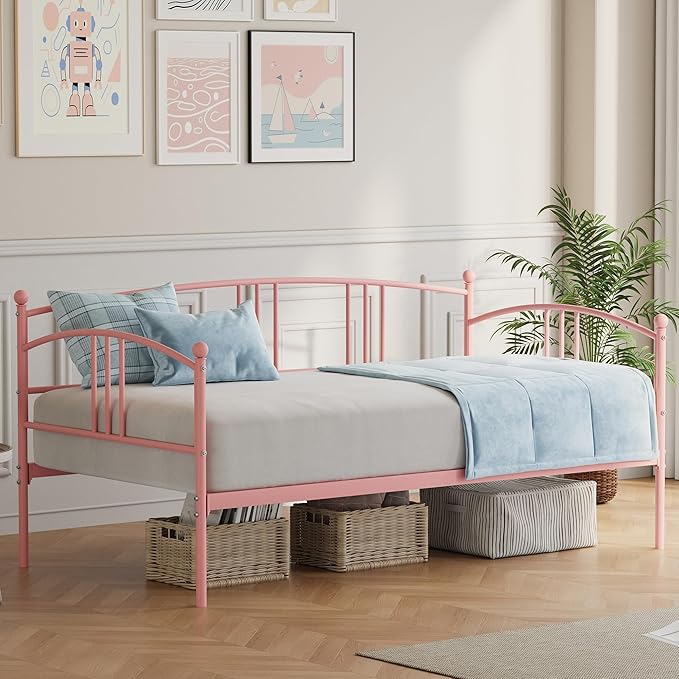GarveeHome Daybed with Trundle, Sturdy Metal Day Bed with Steel Slat Support, Trundle Bed Twin with Arched Headboard, SofaBed for Living Room, Bedroom and Guest Room, Pink