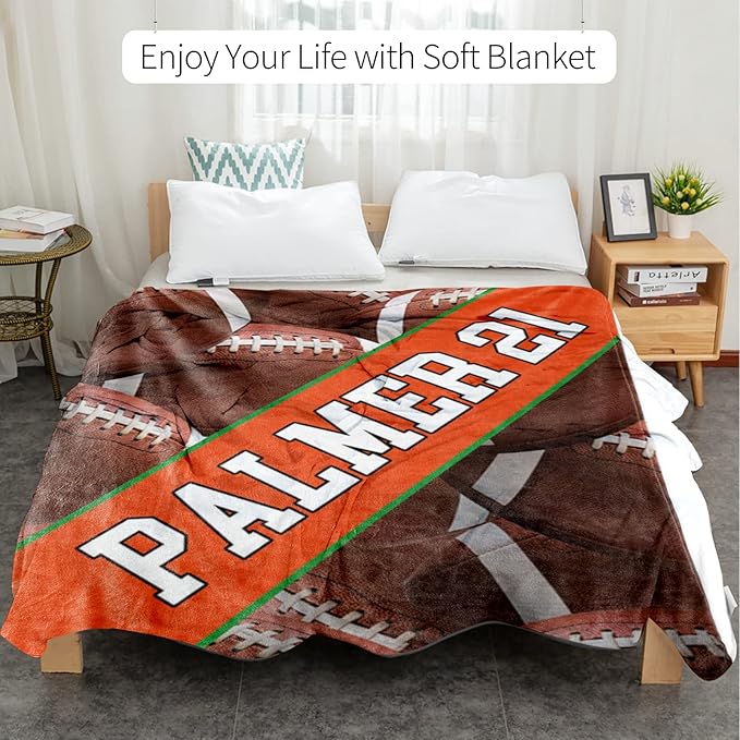 Personalized Football Baby Blanket Gifts: Custom Soft Flannel Fabric Blankets with Name Number for 0-6 Years Kids Boys Girls - Warm and Comfortable(40X50inch)