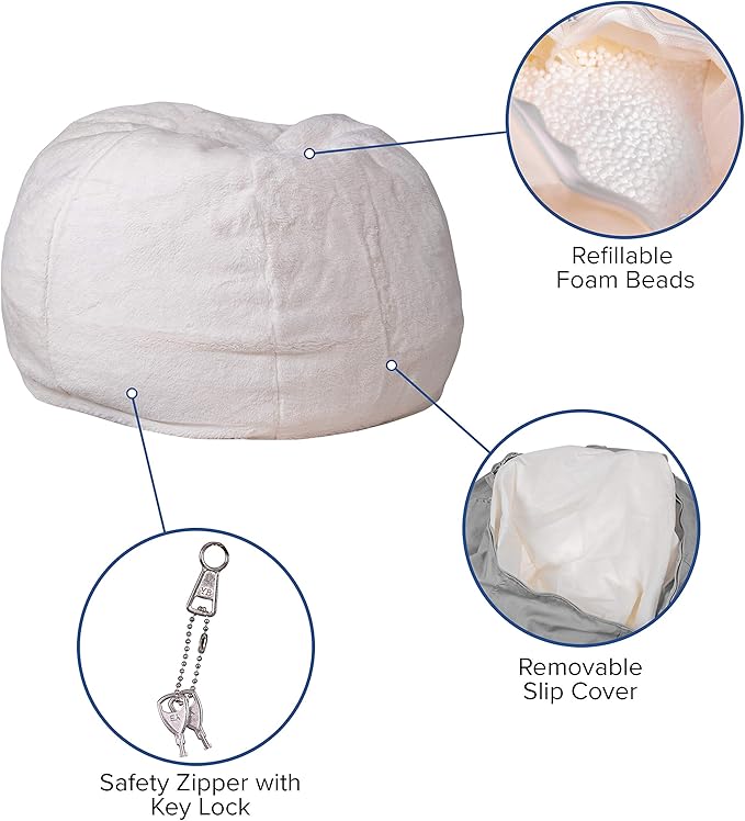 EMMA + OLIVER Small White Furry Bean Bag Chair for Kids and Teens