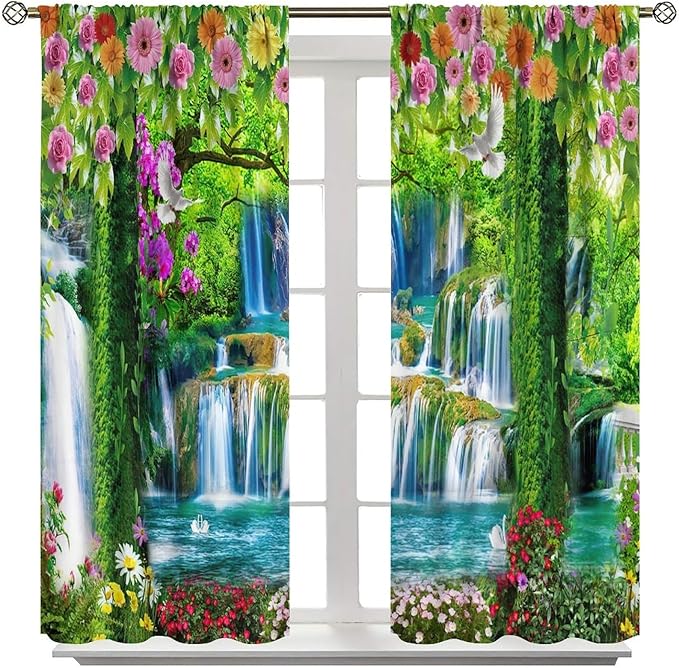Jungle Nature Blackout Window Curtains, Trees Scenic Waterfall and River Spring Pattern Print Window Drapes, for Living Room Bedroom 84x84in