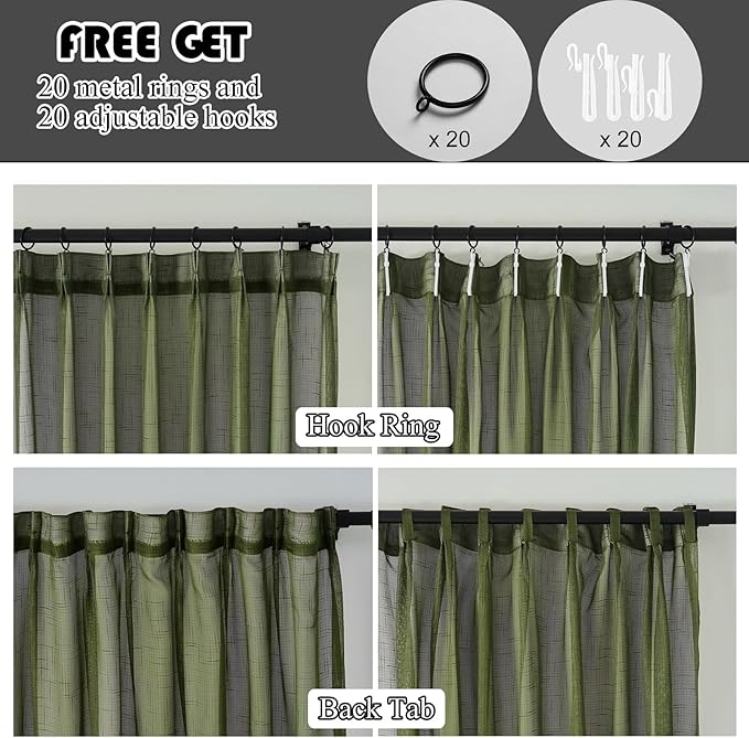 Dark Green Linen Look Pinch Pleated Sheer Curtains 108 Inches Long 2 Panels, 50 Inches Width, Rustic Textured Light Filtering Drapes, Olive Floor to Ceiling Window Curtain with Hooks