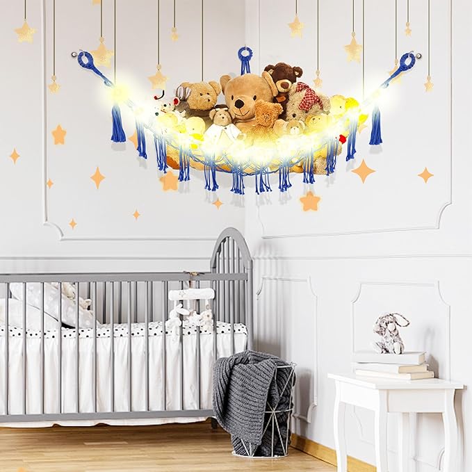 Stuffed Animal Hammock with LED Light, Large Stuffed Animals Storage Corner Plushie Net for Kids Room Decor, 2 Packs Royal Blue