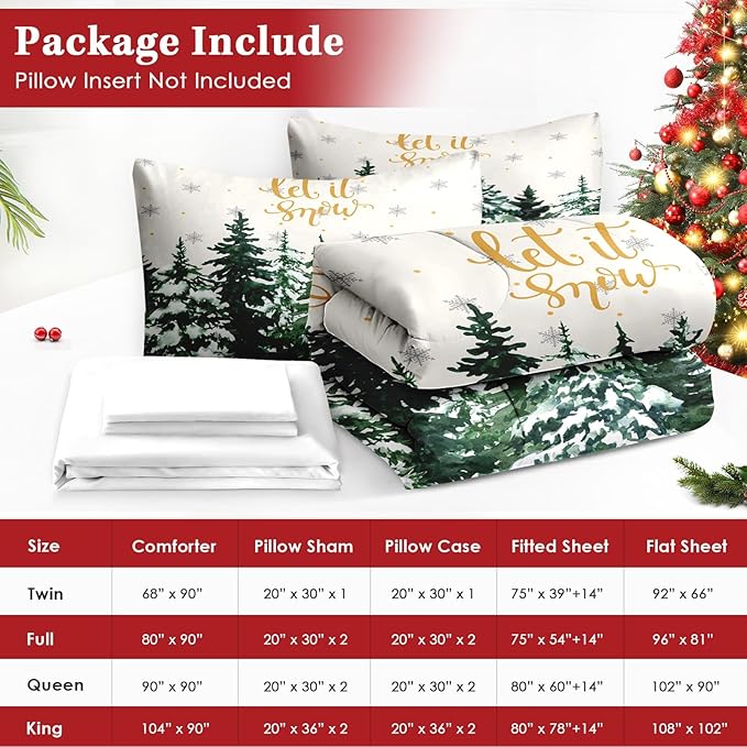 7 Pcs Queen Size Christmas Comforter Set with 2 Pillowcases & 2 Shams, Countryside Nature Snowy Bedding for Kids and Adults, Winter Forest Green Pine Tree Bed in a Bag with Flat Fitted Sheet