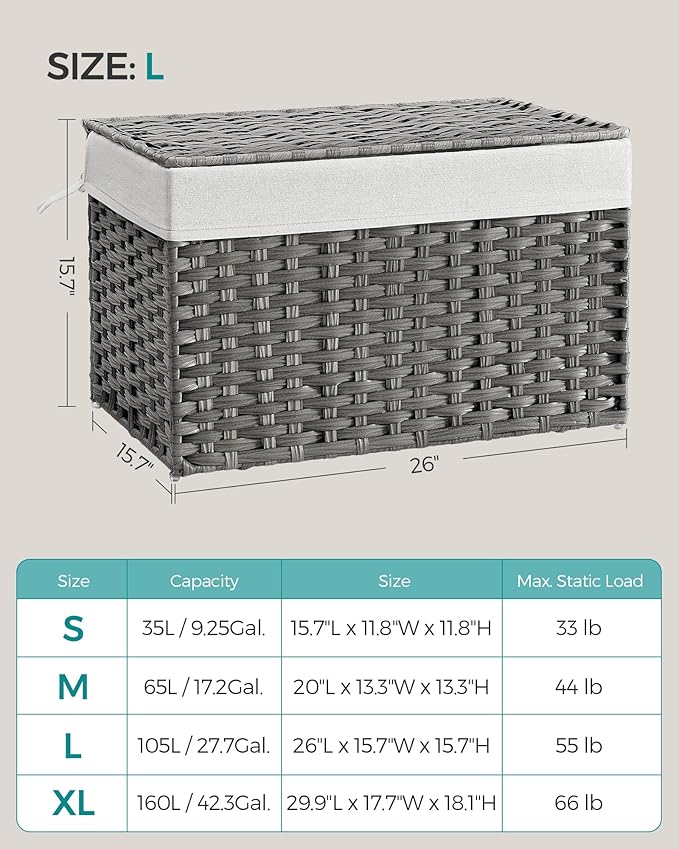 SONGMICS Storage Basket with Lid, 27.7 Gallon (105L) Storage Bin, Woven Blanket Storage Basket with Handles, Foldable, Removable Liner, Metal Frame, for Bedroom, Laundry Room, Gray URST066G01