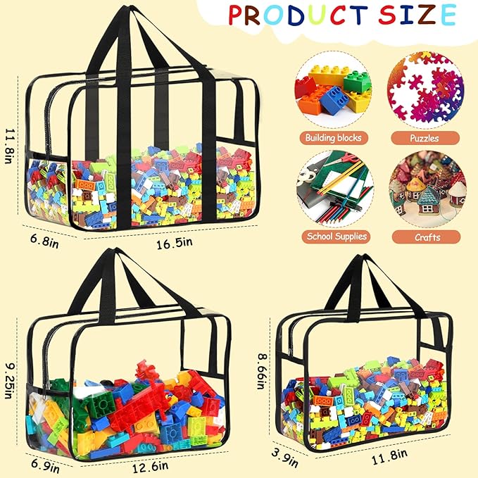 6 Packs Toy Storage Bags with Labels, Reusable Clear PVC Board Game Storage, Travel Waterproof Organizer Bags with Zipper Large Capacity (L, XL, XXL)