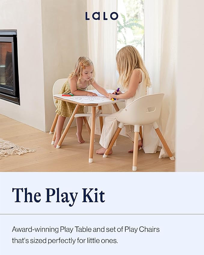 Lalo The Play Kit - Kids Table & Chairs Set with Sustainably Sourced Wood Table & 2 Non-Toxic Bucket Seat Chairs - Safe & Comfortable - Coconut/Blueberry
