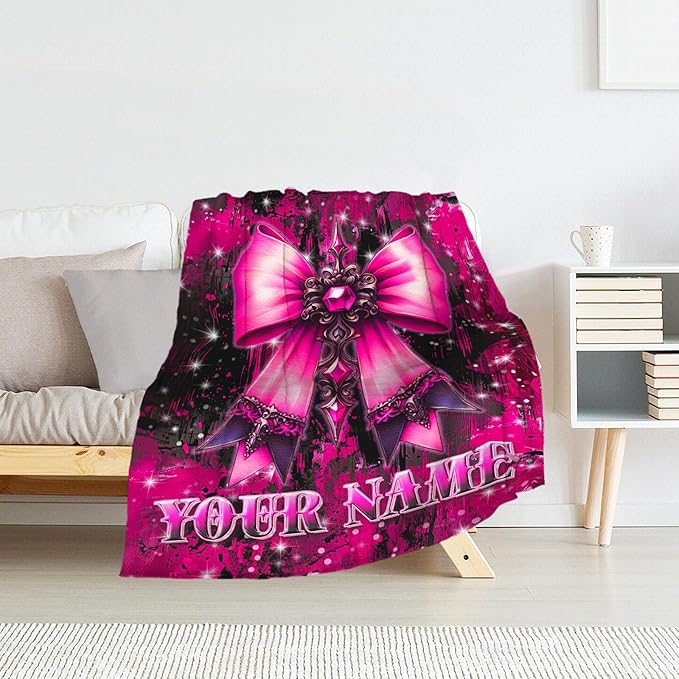 Custom Toddler Blanket - Bow Blanket Gifts for Kids, Girls - 30" x 40" Plush Comfy Pink Throws for Sofa, Couch
