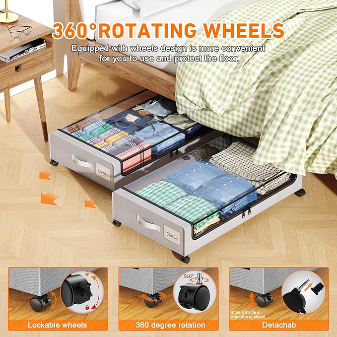 Under Bed Storage with Wheels, 4-Pack Under Bed Storage Containers with Clear Lids, XXL 60L Under the bed storage Organizer Bins, Rolling Under Bed Metal Drawer for Clothes,Shoes,Toys (Gray)